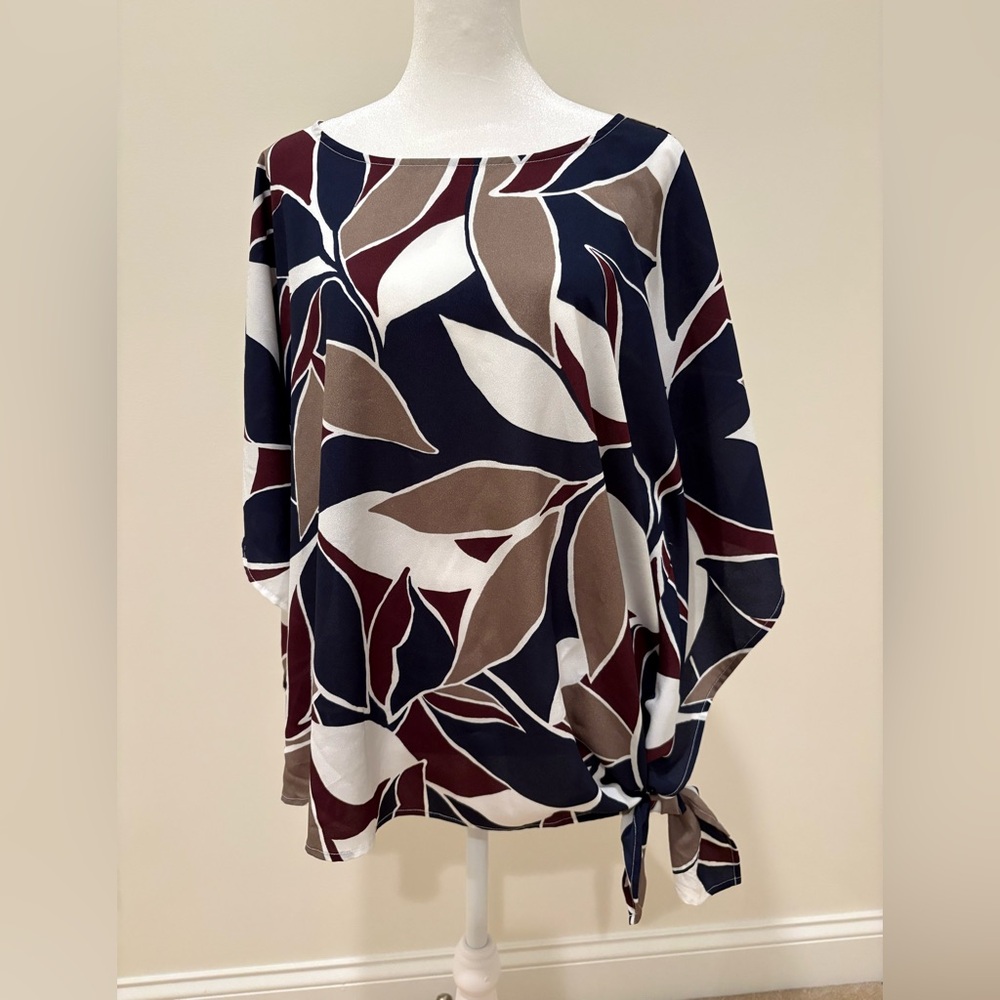 Chico's Navy and Burgundy Leaf Print Blouse